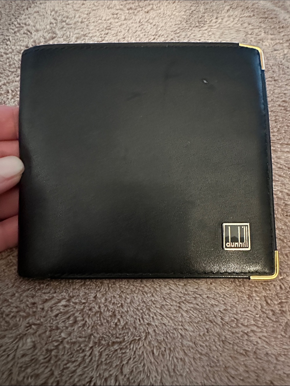 Dunhill Black Leather Bifold Wallet with Gold Corners and Logo
